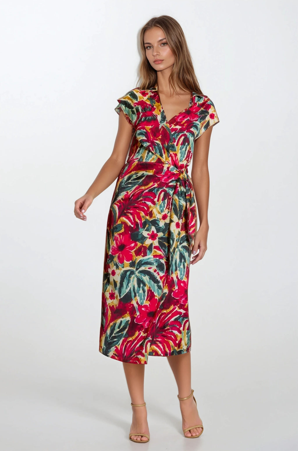 Front view of Brooklyn wrap dress with red and green floral print and side waist tie.