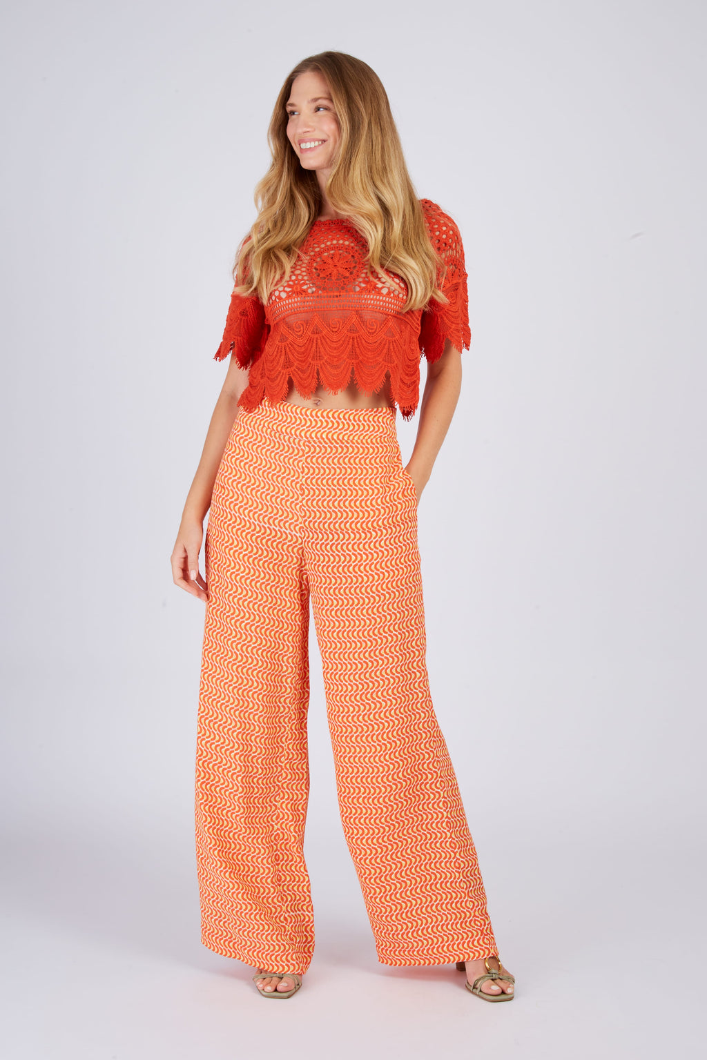 Women's orange crochet crop sheer top - with a boho and chic flair