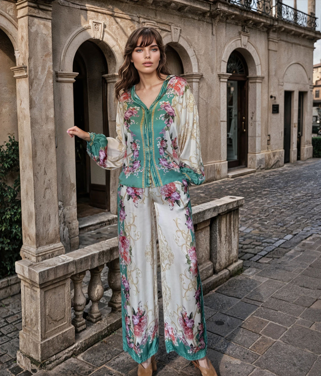 Model in high-waisted ivory wide-leg trousers with green borders, pink florals, and golden baroque patterns, walking along a European stone terrace with vintage architecture.
