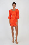 Women's orange eyelet mini dress - with floral eyelet embroidery throughout