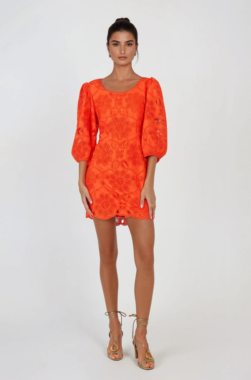 Women's orange eyelet mini dress - with floral eyelet embroidery throughout