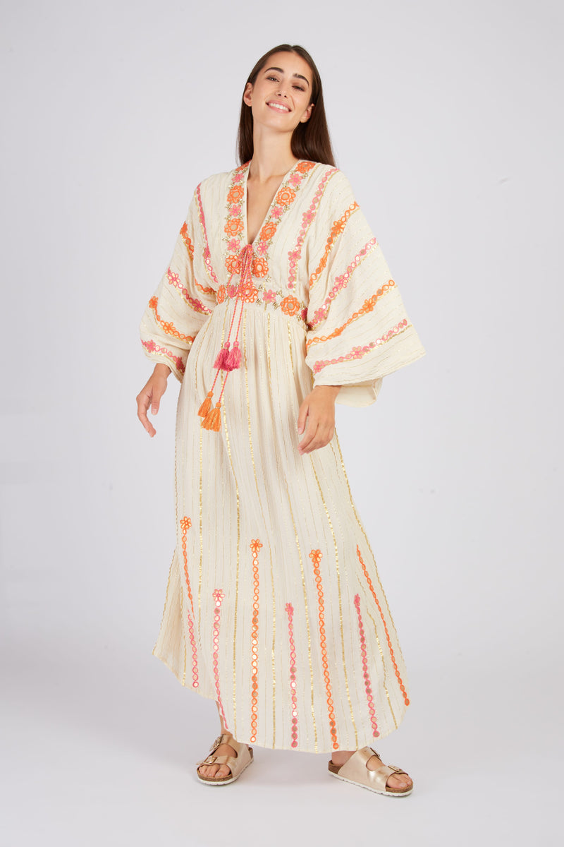 women's boho bloom embroidered maxi dress- with tassels and an empire waist