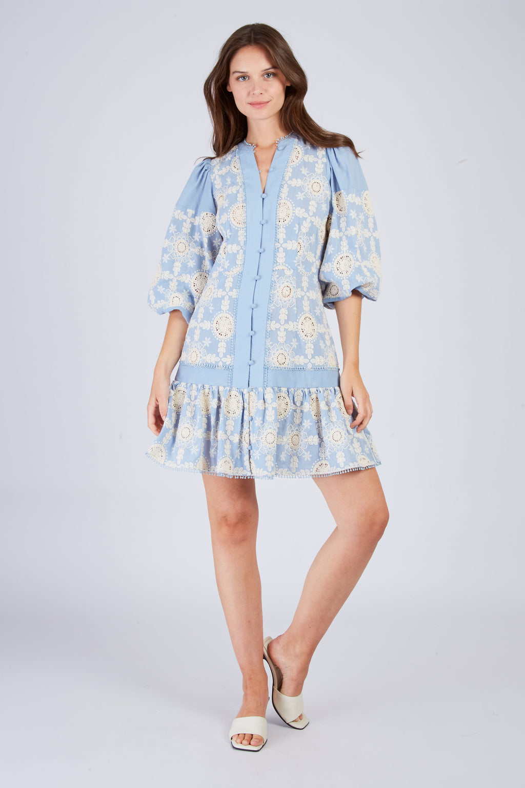 Women's powder blue embroidered mini dress - a fresh vintage charm