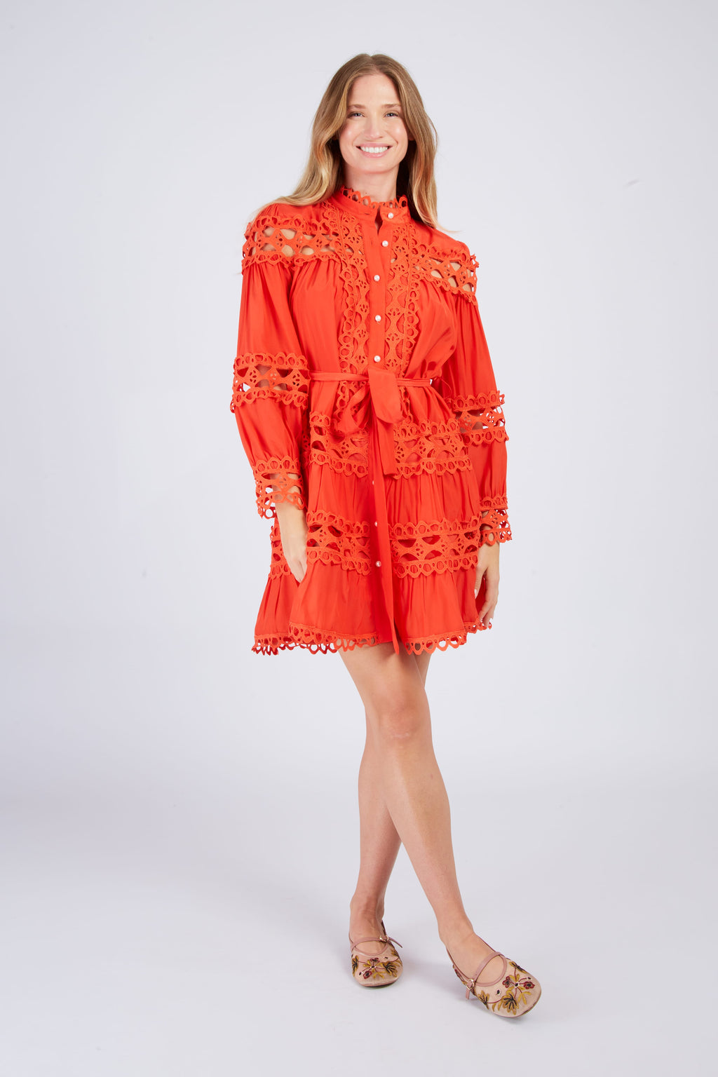 Women's lace trim mini shirt dress - with high collar and front button closure