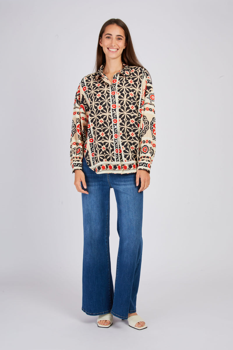 Women's boho mosaic print button down blouse