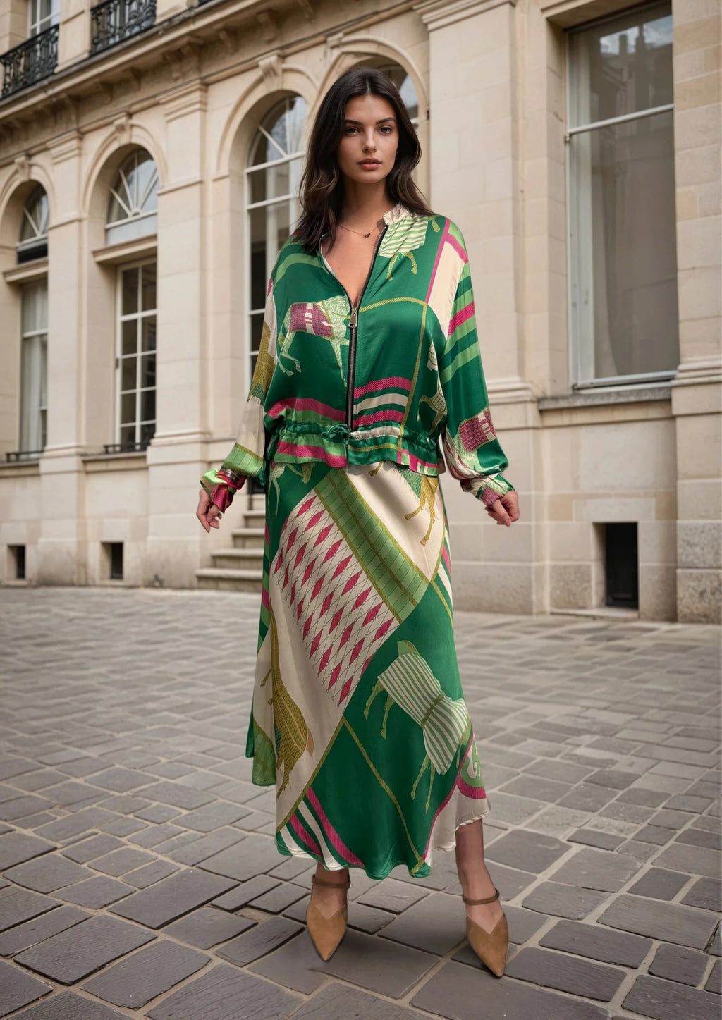 Woman wearing a silky midi skirt in green with a vibrant geometric and horse pattern, paired with a matching blouse, walking on a cobblestone Paris street.