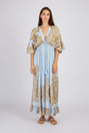 Women's blue and gold floral maxi dress with tassel detail and empire waist