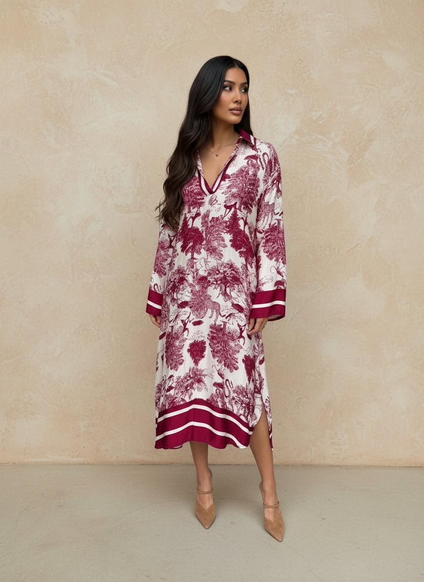 Burgundy toile midi dress with contrast cuff and hem details, styled with tan heels