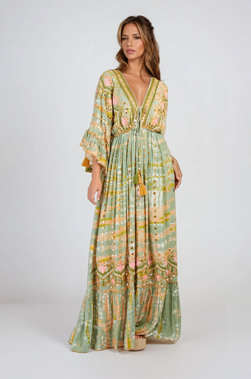 Women's boho tie-dye embellished maxi dress - with sequins 