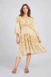 Women's embroidered floral midi dress - with a drawstring empire waistand tassel ties - bohemian