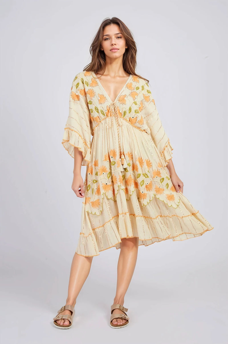 Women's embroidered floral midi dress - with a drawstring empire waistand tassel ties - bohemian