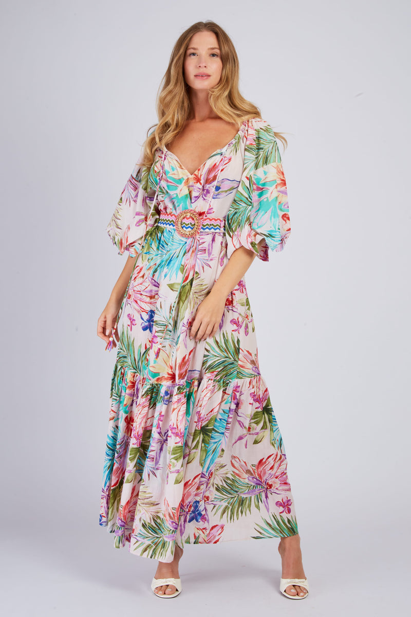 Women's tropical bloom belted maxi dress - lightweight and flowy