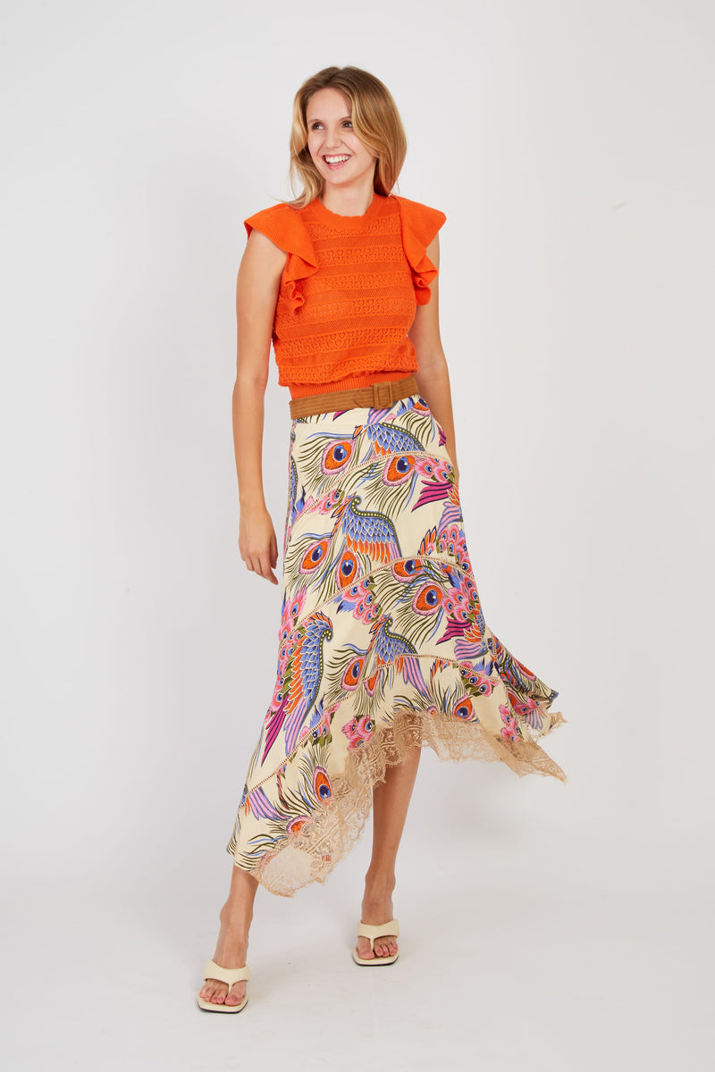 Women's peacock handkerchief hem skirt - vibrant and multicolor