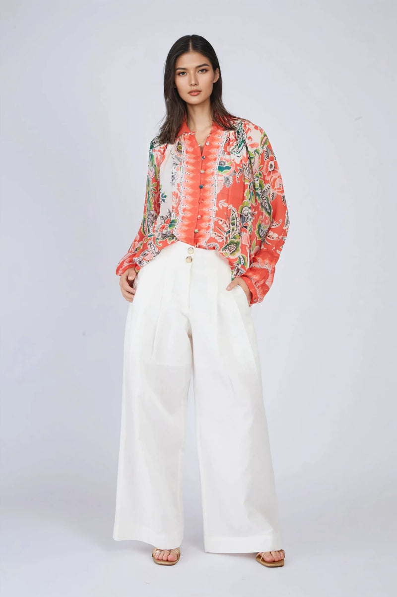 Women's bold and colorful  flowy blouse with floral print - everyday look or dressing up for the night.