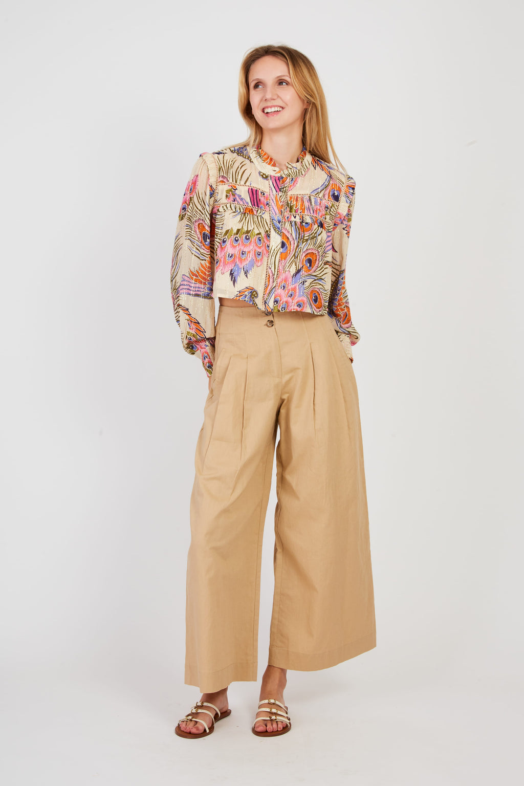 Women's long sleeve blouse with peacock feather print - with metallic thread