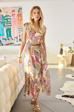 Women's peacock feather maxi dress - with pleated skirt and cap sleeves
