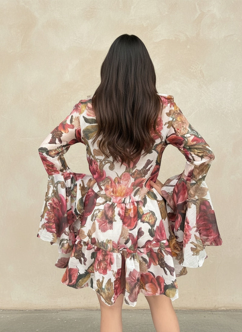 Back View Close Woman wearing a floral mini dress with long ruffle sleeves against a beige wall.
