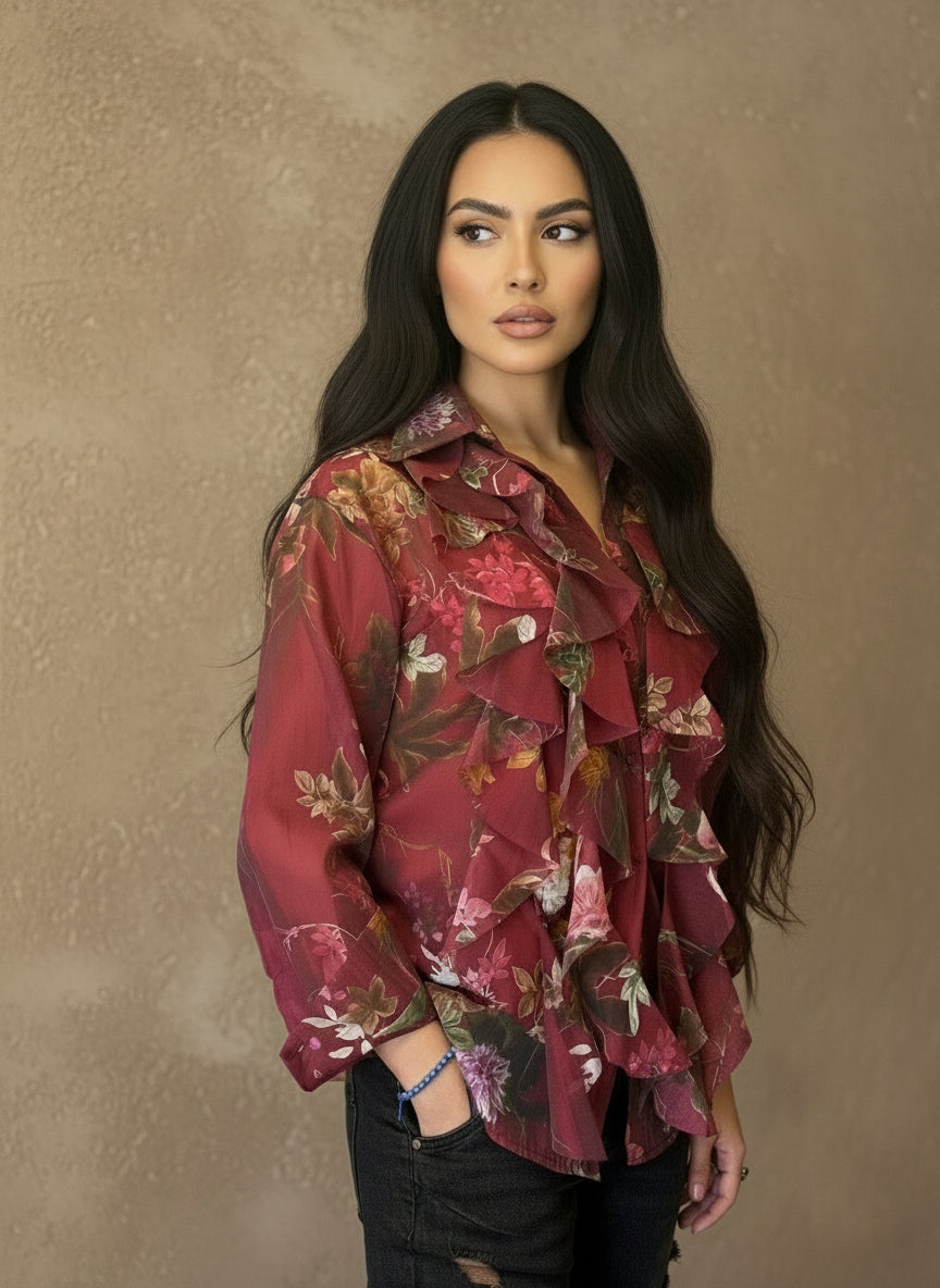 Woman wearing a burgundy floral ruffled blouse with long sleeves, posing against a tan wall. The blouse features layered ruffles and a sheer, elegant texture.