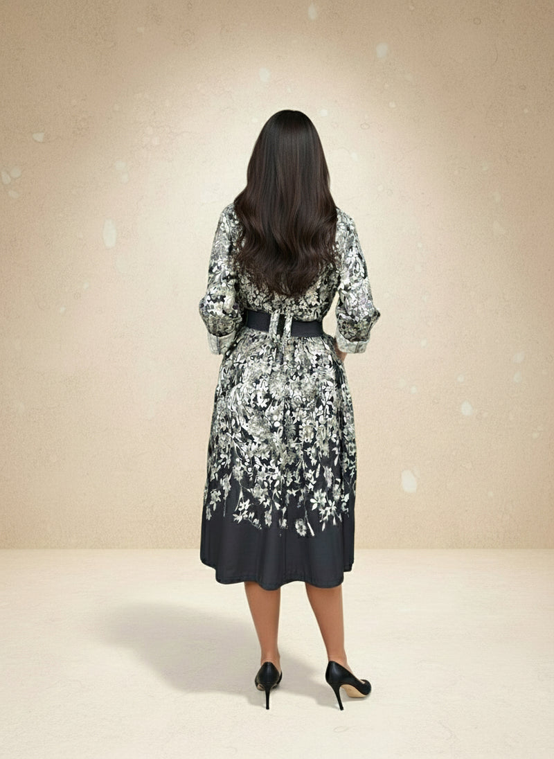 Back view of a woman in a belted black and white floral midi dress — elegant botanical print outfit with flowy skirt.