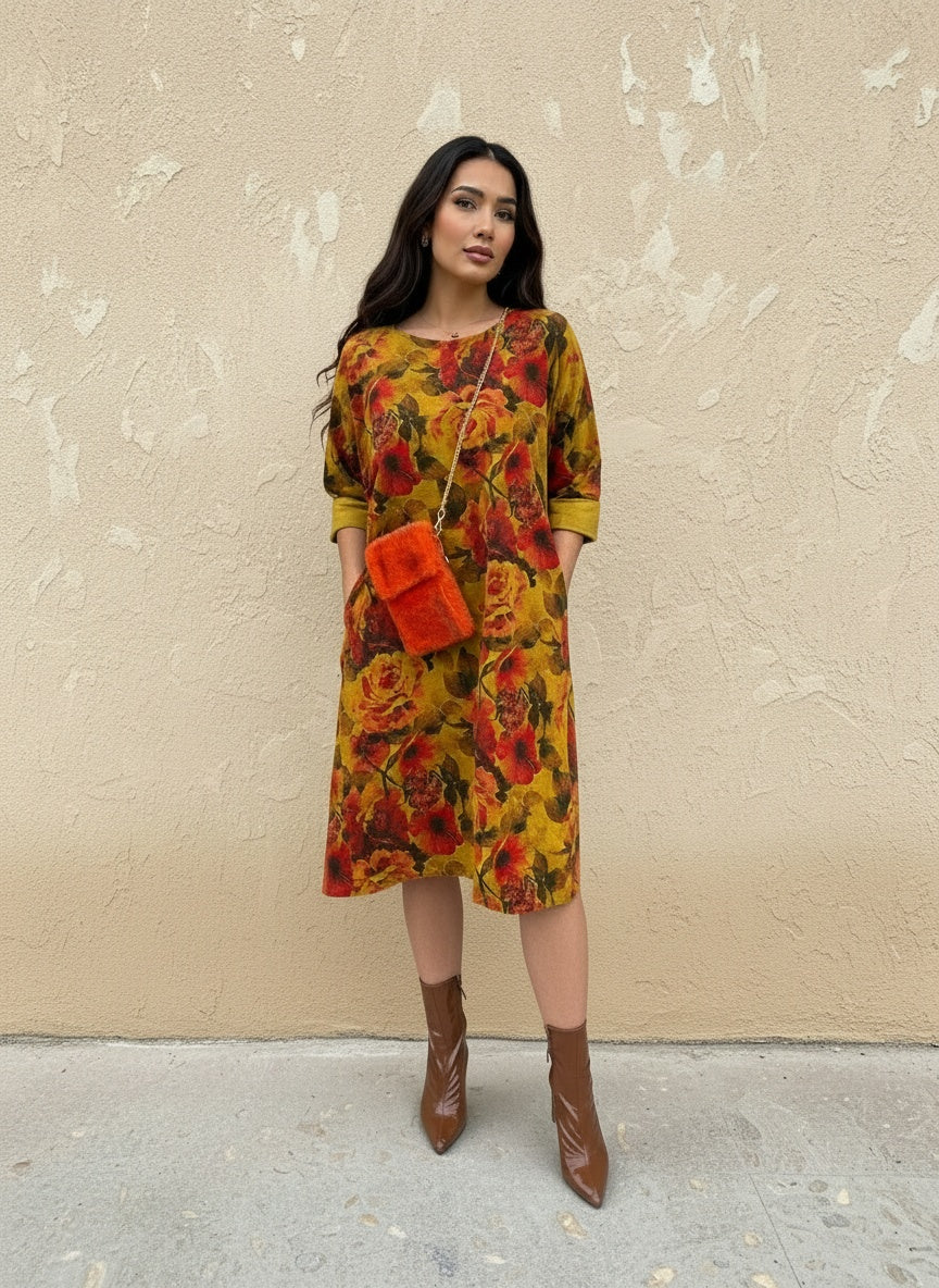 Front view of woman in a yellow and red floral knee-length dress with pockets and cuffed sleeves, styled with a bold orange fuzzy bag and brown ankle boots.
