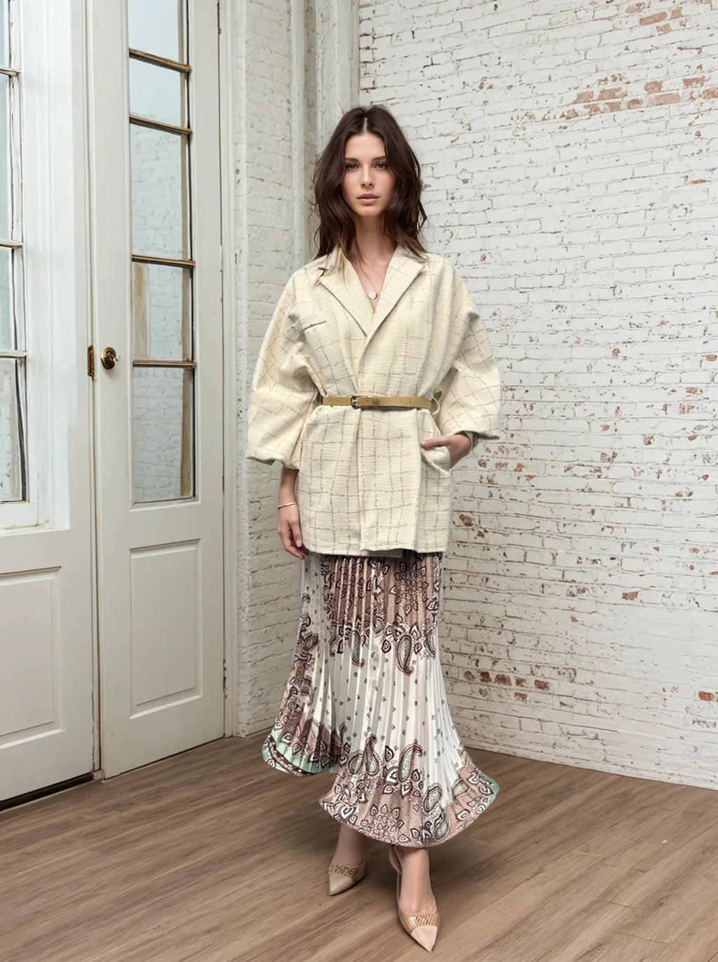 Model wearing an ivory textured oversized jacket with a belted waist and wide sleeves, paired with a flowy printed skirt and pointed heels.