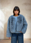 Stylish winter outfit featuring a powder-blue faux fur jacket paired with jeans for a cozy chic look.