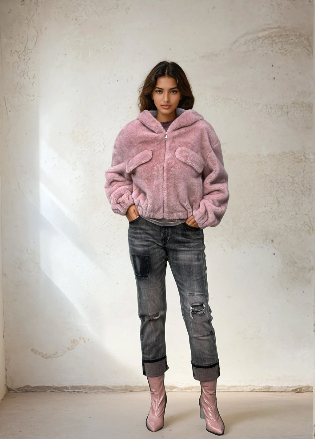 Model wearing a cropped pink faux fur hooded jacket with front flap pockets, styled with cuffed distressed grey jeans and pink ankle boots against a neutral stucco wall.