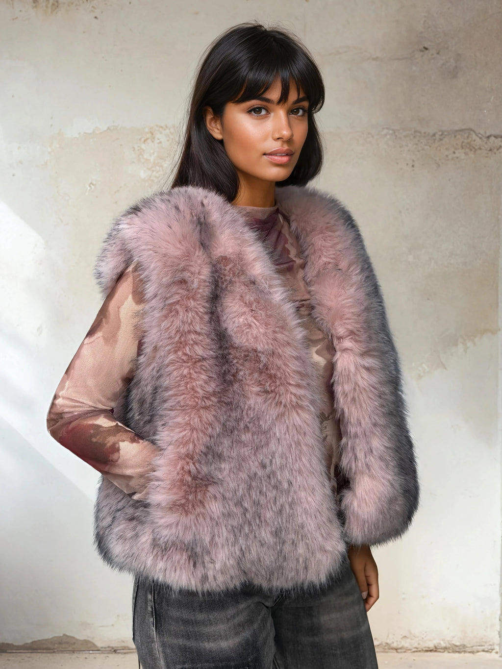 Woman wearing a soft blush pink fur vest with gray undertones, styled over a sheer patterned top and gray jeans, posing in front of a textured beige wall.