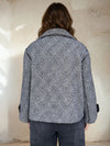 Back view of checked grey jacket showing overall textured pattern.