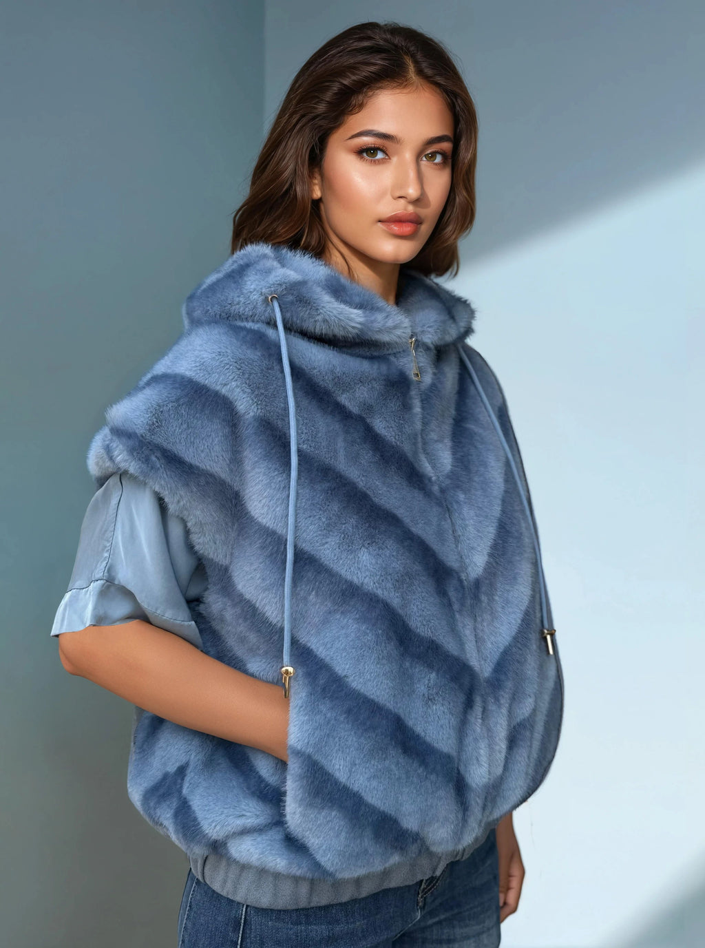 Woman wearing a light blue sleeveless faux fur hoodie with diagonal chevron texture, styled over a satin blouse and blue jeans, standing against a soft blue wall.