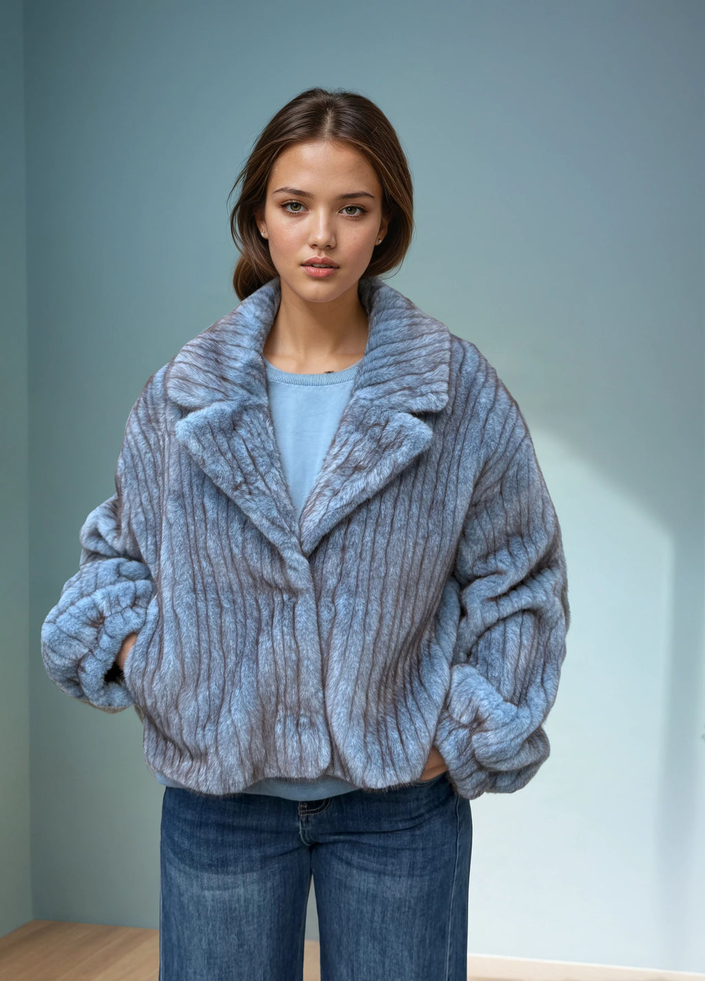 Model wearing a light blue ribbed faux fur jacket with wide collar and relaxed fit, styled with denim jeans against a minimal background.