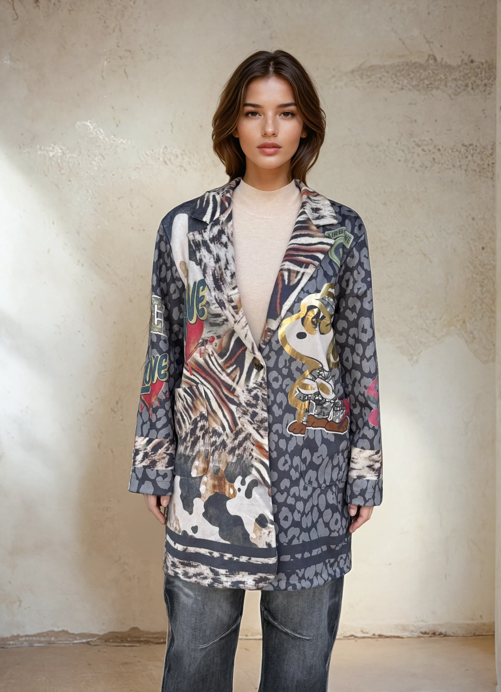 Woman wearing a stylish printed long coat featuring mixed animal prints and artistic patterns, standing indoors against a neutral stucco wall.
